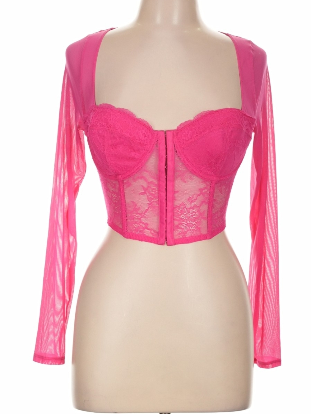 Sincerely Jules Fuchsia Lace Sheer Mesh Long-Sleeve Corset Top